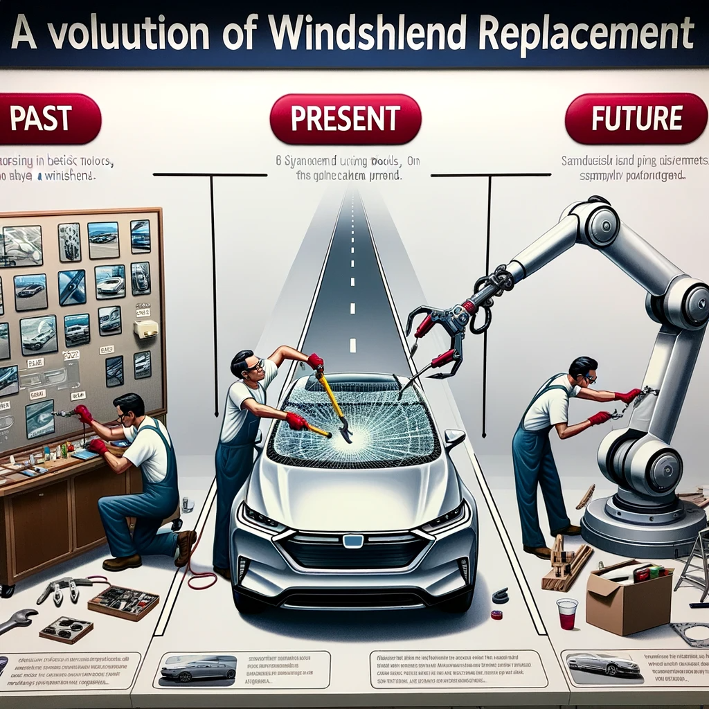 Diagram showcasing the evolution of windshield replacement techniques from past to future.