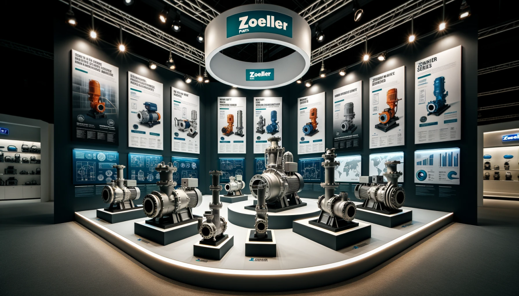 Modern Zoeller showroom with the 'Zoeller M53 Mighty-Mate' and 'Zoeller 267 Series' pumps displayed on raised platforms, surrounded by infographics and charts detailing pump efficiency and durability.