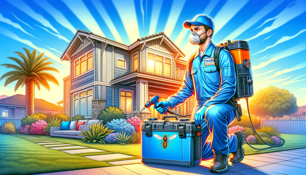  A professional pest control worker in a blue uniform and protective gear inspecting a modern San Diego home, with a clear sky and palm trees in the background.