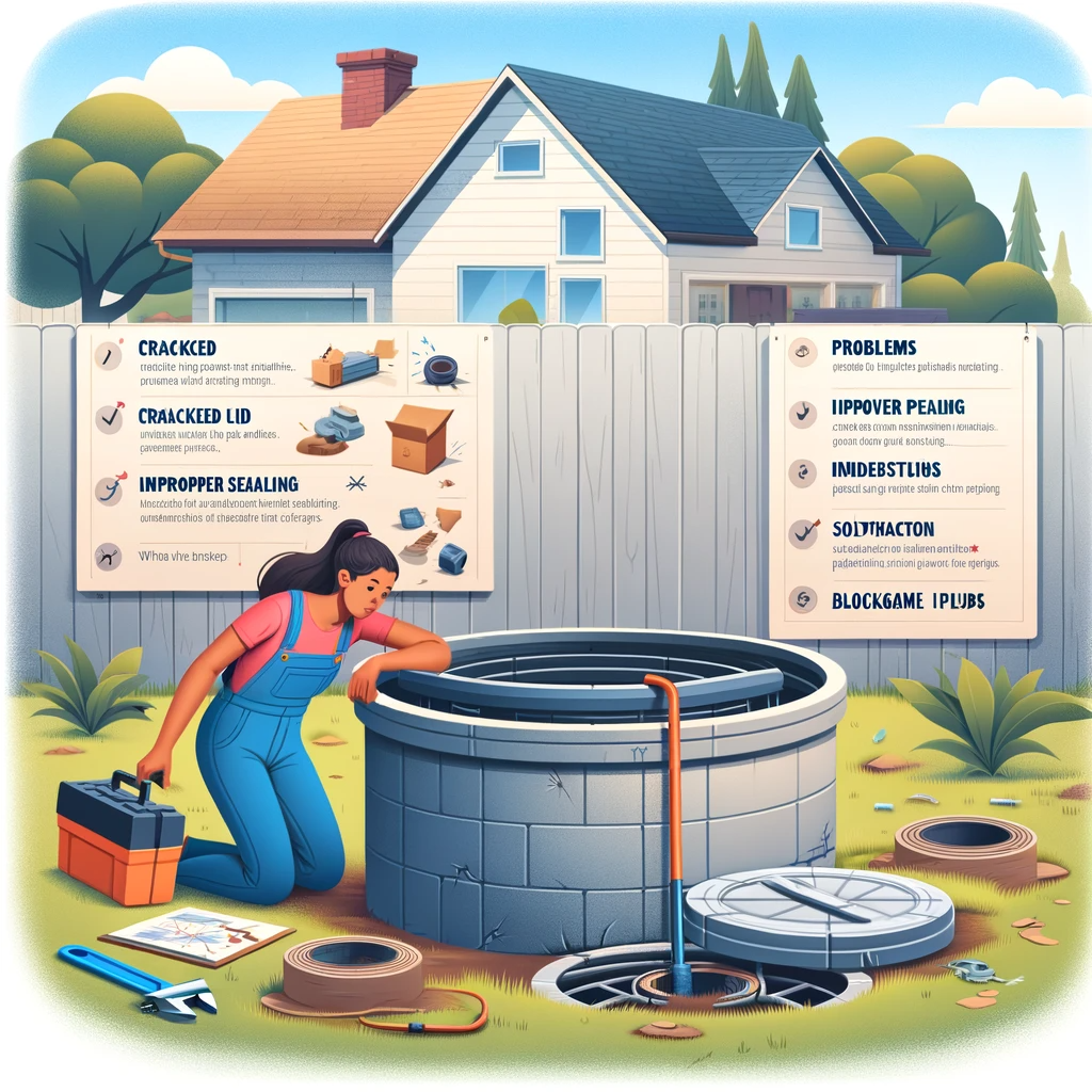 A young Hispanic woman homeowner inspects a septic tank lid in her backyard, equipped with a toolbox, next to a list of common problems and solutions, highlighting issues like a cracked lid and blockages.