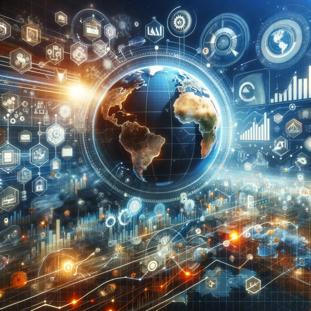 A global economic map showing the influence of Ohe materials in various sectors worldwide, with symbols for technology, construction, and renewable energy, alongside graphs and arrows indicating economic growth.