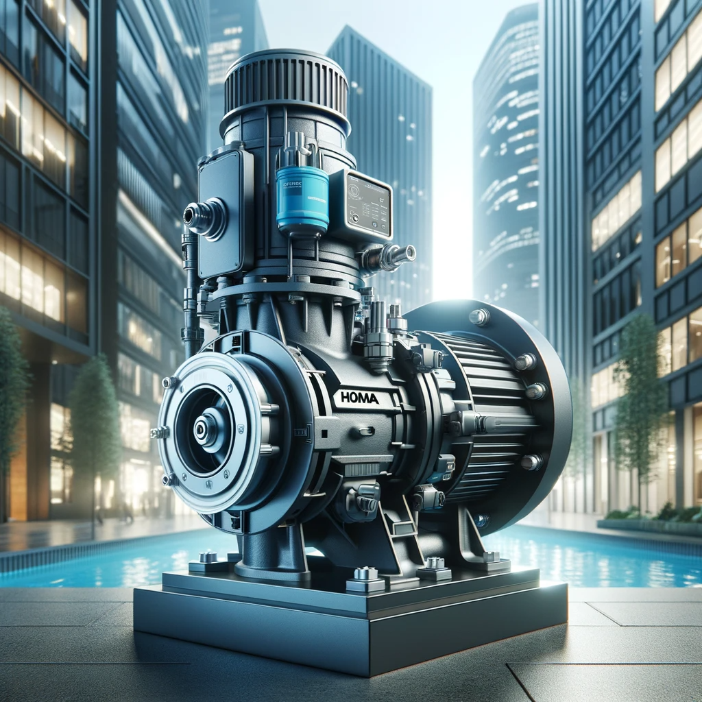 3D illustration of HOMA A Series Pumps in a modern city environment, showcasing its sustainable and technologically advanced design.