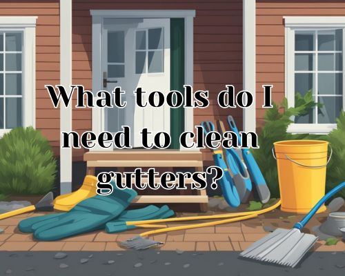 A ladder, gloves, a trowel, a bucket, and a hose lay on the ground next to a house with overflowing gutters