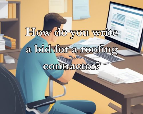 A person typing a bid document for a roofing contractor on a computer with a stack of papers and a calculator on the desk