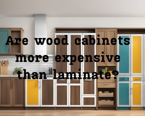 Wood and laminate cabinets compared side by side, with price tags showing wood as more expensive