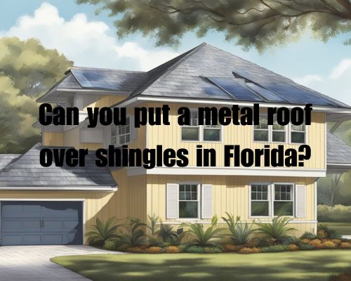 A sunny Florida house with shingles, a crew installs a metal roof over the existing shingles