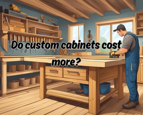 A carpenter carefully measures and cuts wood for custom cabinets in a workshop filled with tools and materials