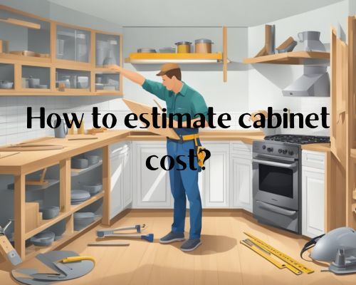 A carpenter measuring and examining a kitchen cabinet with various tools and materials scattered around