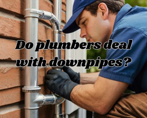 A plumber installing a downpipe onto a house, using tools and equipment
